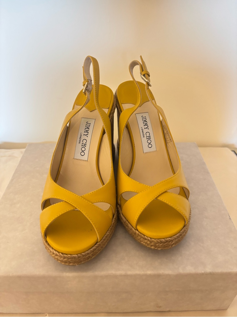 Jimmy Choo Yellow Leather Espadrille Slingback Wedges
